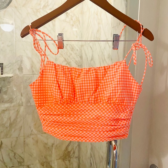 Beautiful zara neon peach plaid set-shorts and top - Picture 2 of 3